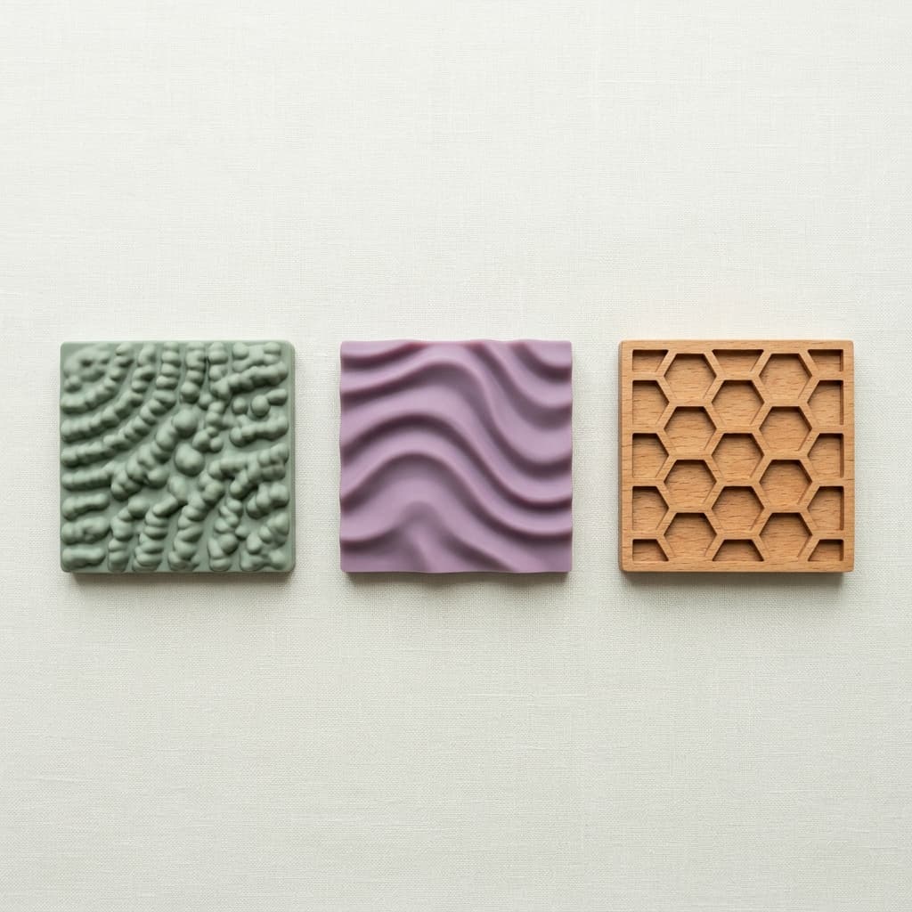 Vista top-down de três texturas diferentes de brinquedos sensoriais lado a lado