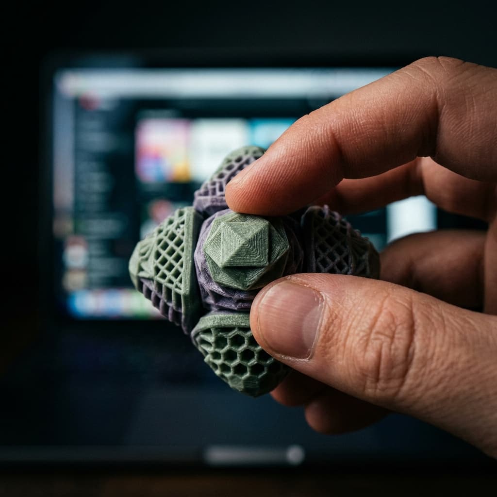 Macro dos dedos manipulando um fidget terapêutico texturizado com iluminação dramática