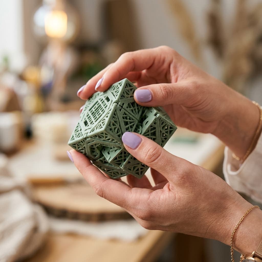 Impressão 3D de Precisão — mãos segurando o Infinity Cube