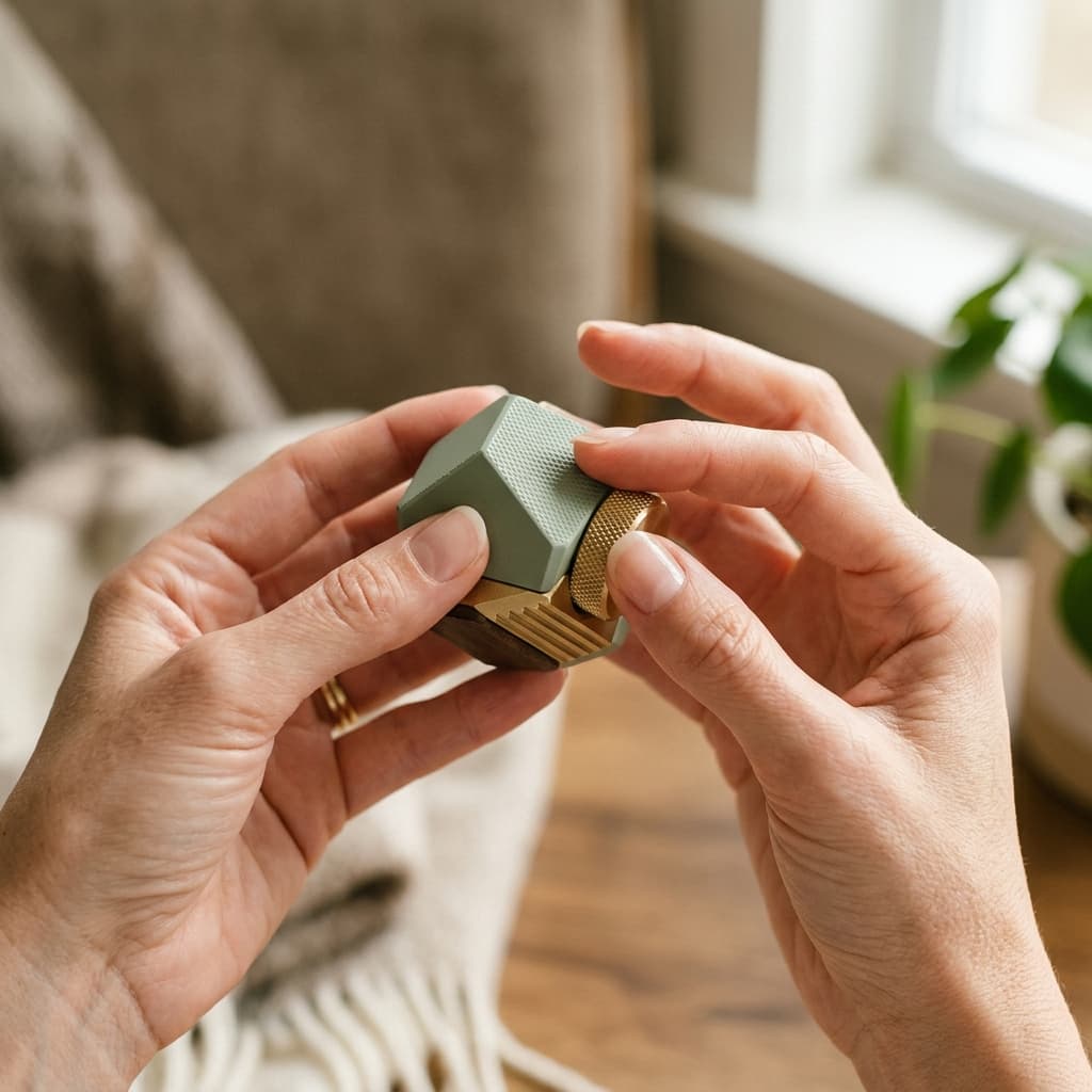 Mãos segurando brinquedo sensorial — experiência tátil